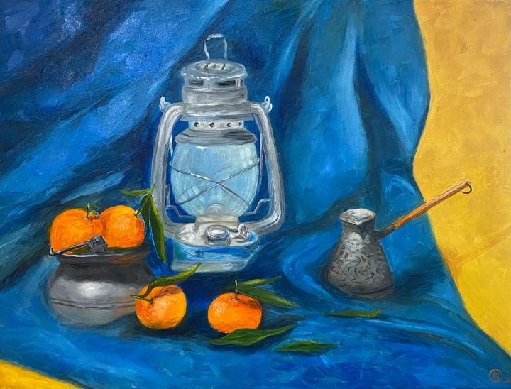 Painting titled "Lamp with tangerines" by Olena Mykhailova, Original Artwork, Oil