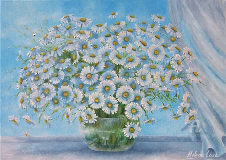 Painting titled "Morning. Chamomile." by Helena Lose, Original Artwork, Oil