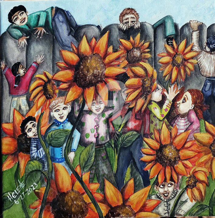 Peinture intitulée "A Sunflower Playgro…" par Helene, Œuvre d'art originale, Acrylique