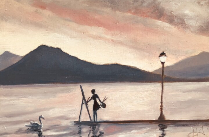 Painting titled "L'artiste du Lac" by Hélène Avot, Original Artwork, Oil