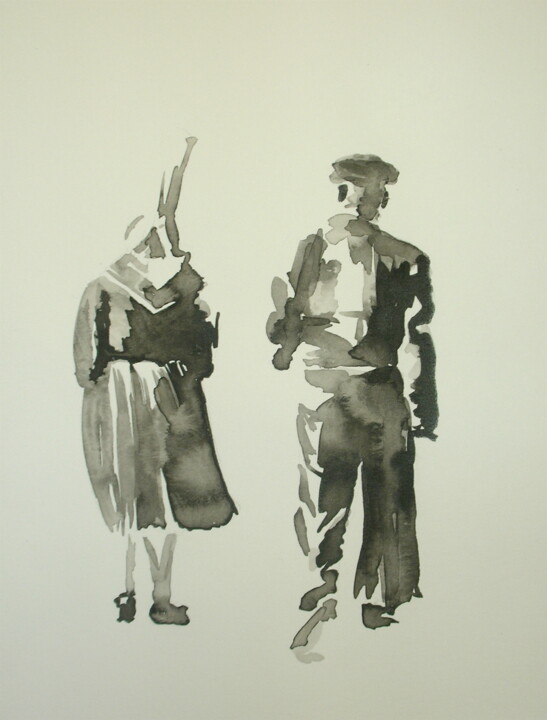 Peinture intitulée "Couple de Bretons" par Hélène Avot, Œuvre d'art originale, Encre