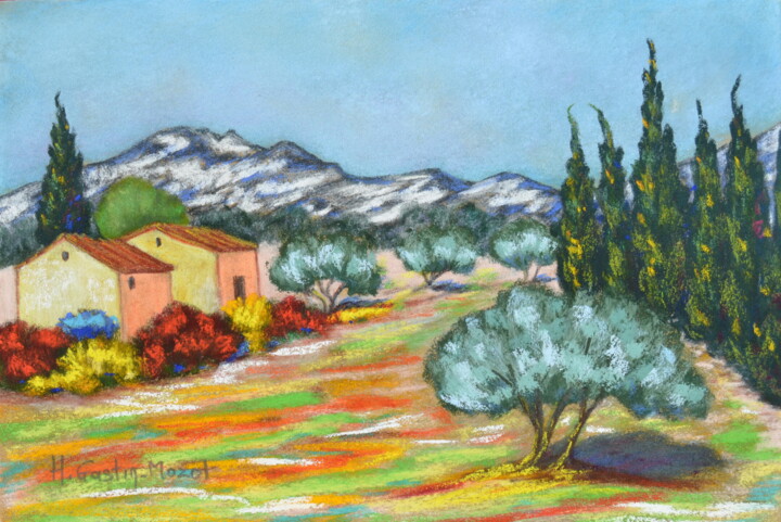 Peinture intitulée "L'arrière du mas pr…" par Hélène Gastin-Mozol, Œuvre d'art originale, Pastel