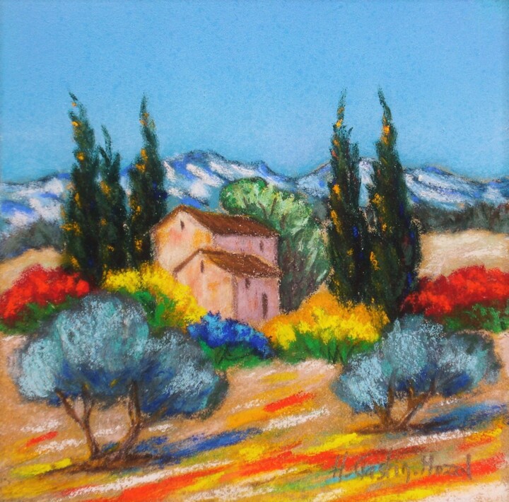 Dessin intitulée "Les cyprès" par Hélène Gastin-Mozol, Œuvre d'art originale, Pastel