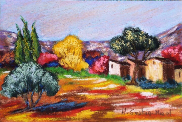 Desenho intitulada "Vieux mas près de R…" por Hélène Gastin-Mozol, Obras de arte originais, Pastel