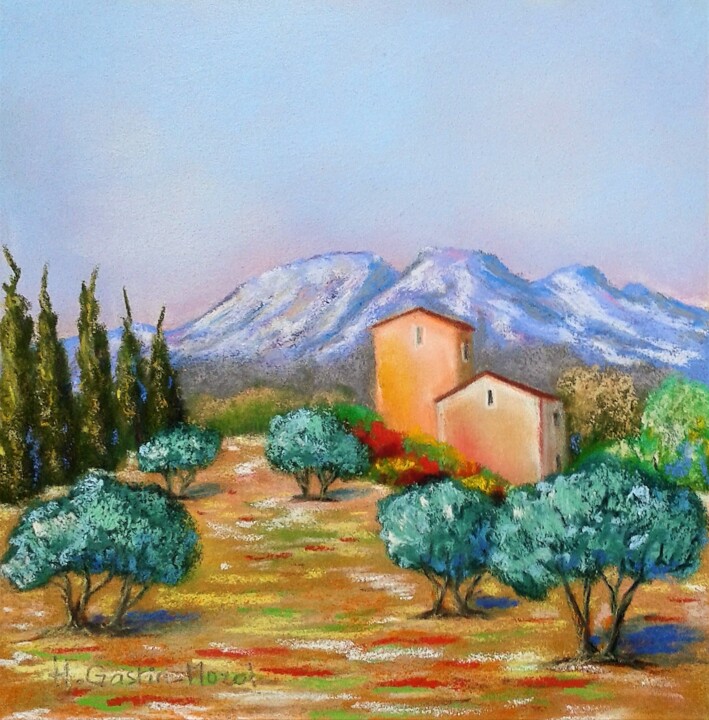 Rysunek zatytułowany „Le mas du Luberon” autorstwa Hélène Gastin-Mozol, Oryginalna praca, Pastel