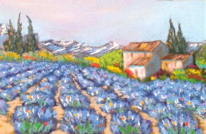 Drawing titled "Le mas aux Lavandes" by Hélène Gastin-Mozol, Original Artwork, Pastel