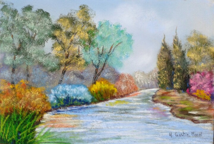 Drawing titled "Bord de Sorgue" by Hélène Gastin-Mozol, Original Artwork, Pastel