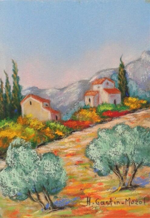 Painting titled "Les coteaux de Prov…" by Hélène Gastin-Mozol, Original Artwork, Pastel