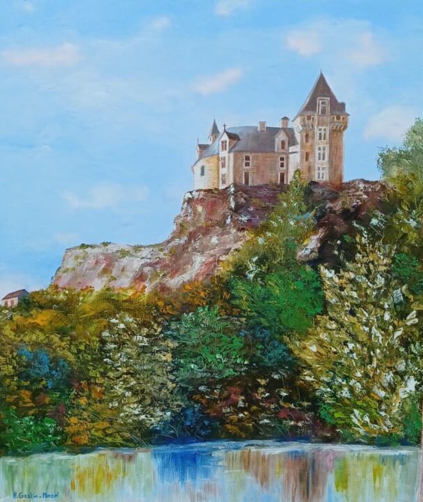 Painting titled "Le chateau de Montf…" by Hélène Gastin-Mozol, Original Artwork, Oil Mounted on Wood Stretcher frame