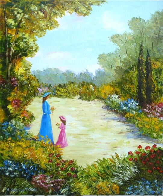 Painting titled "Au jardin" by Hélène Gastin-Mozol, Original Artwork, Oil