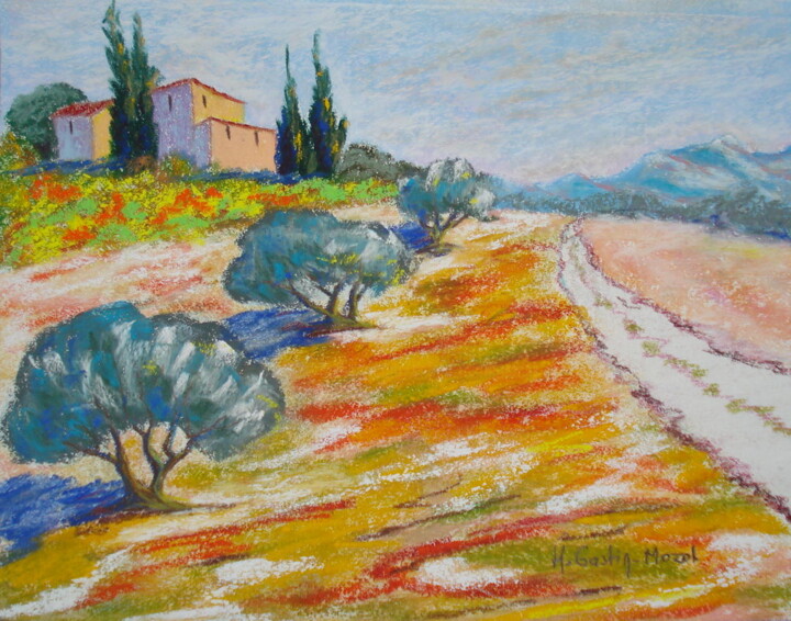 Drawing titled "Le mas d'en haut.jpg" by Hélène Gastin-Mozol, Original Artwork, Pastel