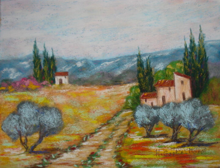 Drawing titled "chemin des Alpilles…" by Hélène Gastin-Mozol, Original Artwork, Pastel