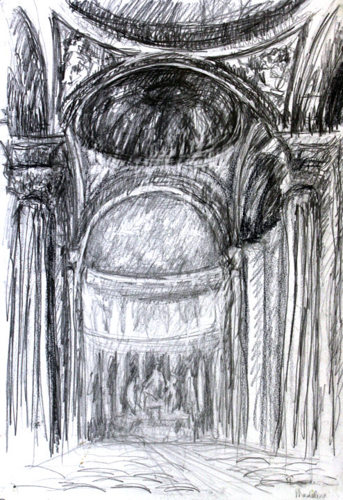 Dessin intitulée "Eglise de la Madele…" par Hélène Hugon, Œuvre d'art originale, Crayon