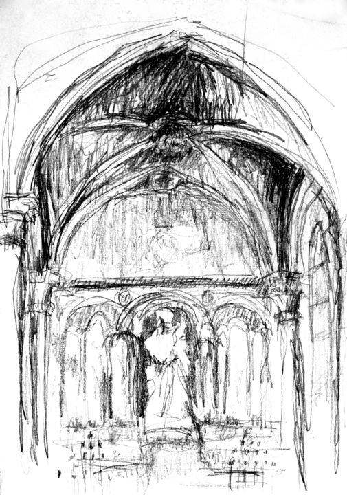 Drawing titled "Chapelle parisienne" by Hélène Hugon, Original Artwork, Pencil