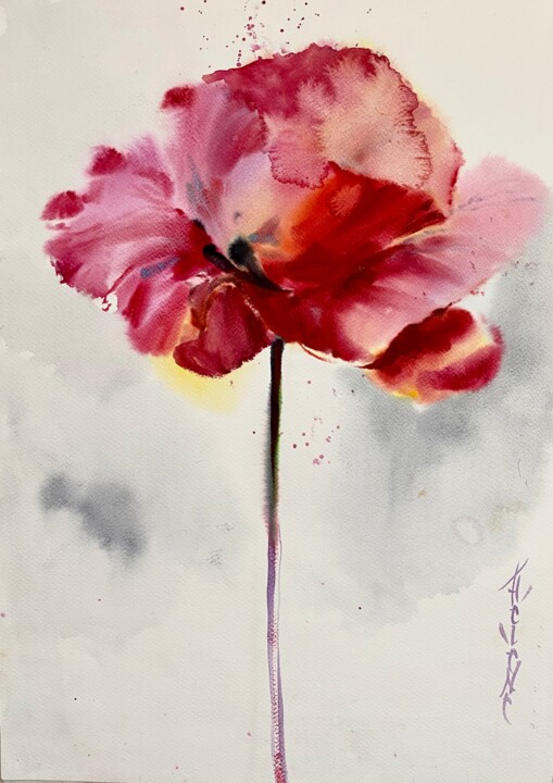 Картина под названием "Poppy" - Helene Manoli, Подлинное произведение искусства, Акварель