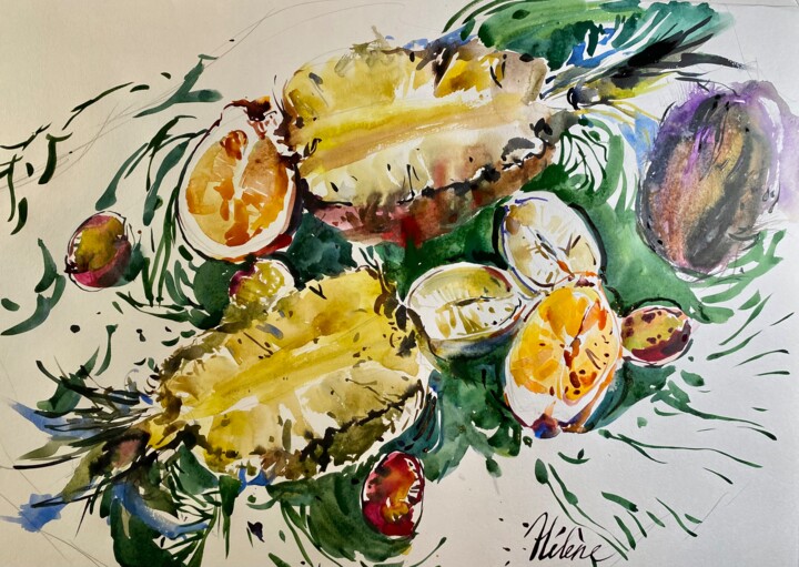 Painting titled "Pineapples" by Helene Manoli, Original Artwork, Watercolor