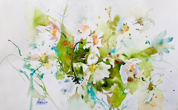 Painting titled "Camomille" by Helene Manoli, Original Artwork, Watercolor