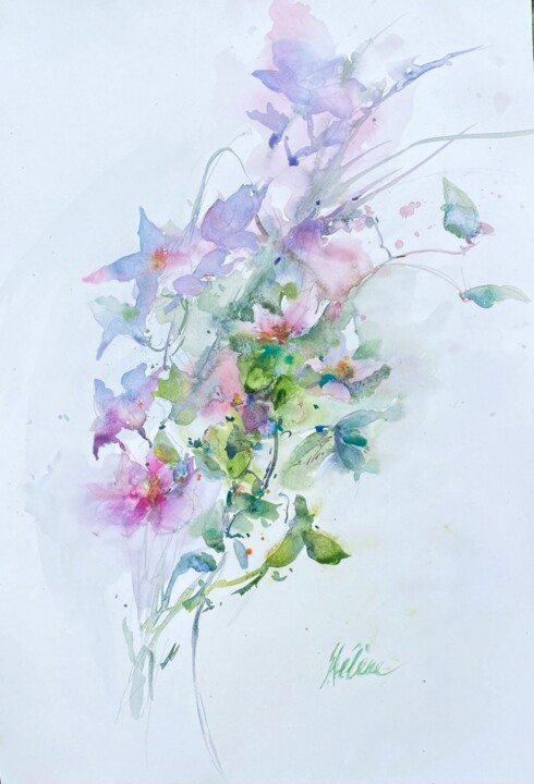 Painting titled "Clematis" by Helene Manoli, Original Artwork, Watercolor