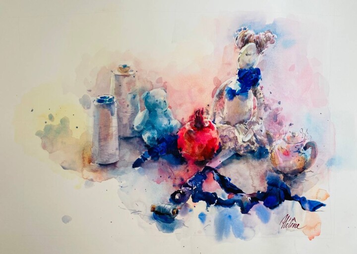 Painting titled "Sewing threads" by Helene Manoli, Original Artwork, Watercolor