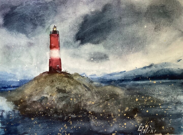 Painting titled "Lighthouse on the i…" by Helene Manoli, Original Artwork, Watercolor