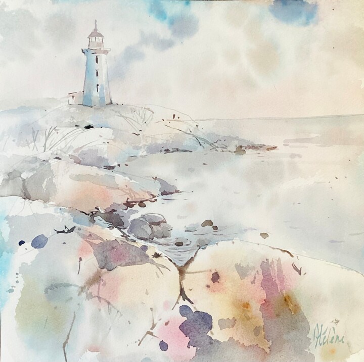 Painting titled "The White Lighthouse" by Helene Manoli, Original Artwork, Watercolor