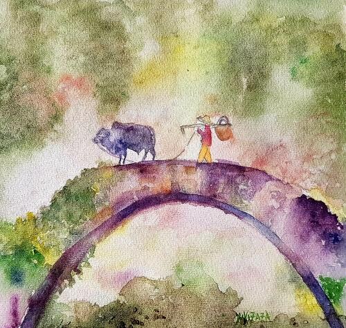 Peinture intitulée "le pont" par Helene Miaz, Œuvre d'art originale, Aquarelle