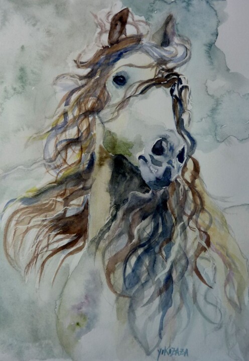 Картина под названием "le cheval fantastiq…" - Helene Miaz, Подлинное произведение искусства, Акварель