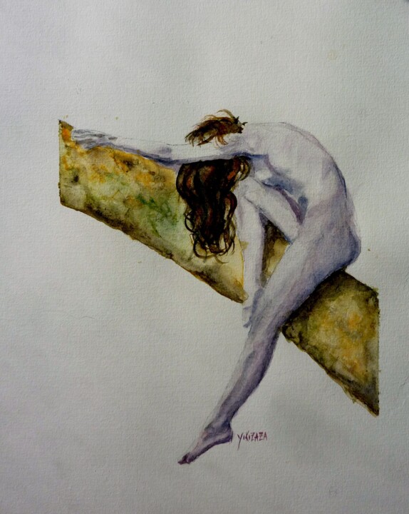 Pintura intitulada "la fille sur la bra…" por Helene Miaz, Obras de arte originais, Aquarela