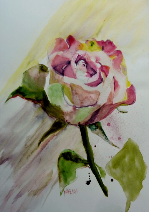 Schilderij getiteld "la dernière rose" door Helene Miaz, Origineel Kunstwerk, Aquarel
