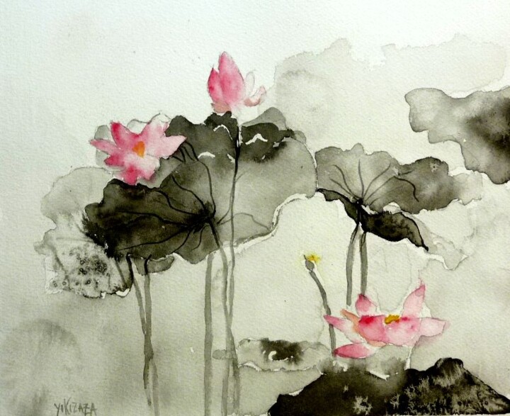 Peinture intitulée "les lotus" par Helene Miaz, Œuvre d'art originale, Encre