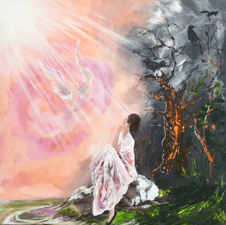 Peinture intitulée "La venue de l’ange" par Hélène Molina, Œuvre d'art originale, Acrylique Monté sur Châssis en bois