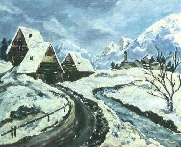 Peinture intitulée "hameau enneigé" par Hélène Molina, Œuvre d'art originale, Huile