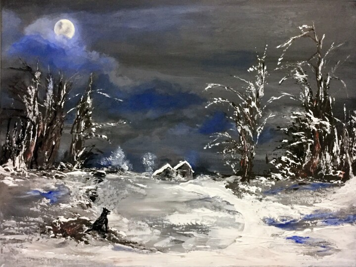 Peinture intitulée "Nuit de neige" par Hélène Molina, Œuvre d'art originale, Acrylique