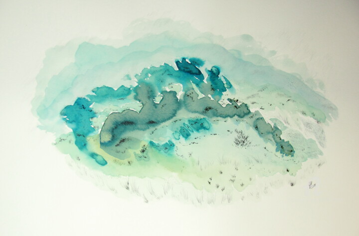Peinture intitulée "blue-in-green-tound…" par Hélène Mongin, Œuvre d'art originale, Encre