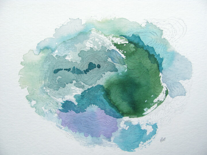 Painting titled "Blue in Green Taïga…" by Hélène Mongin, Original Artwork, Ink Mounted on Other rigid panel