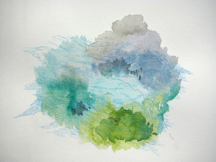 Painting titled "Montagnes - Nuages I" by Hélène Mongin, Original Artwork, Ink