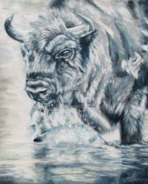 Disegno intitolato "Bison" da Helene Nevejans, Opera d'arte originale, Gesso