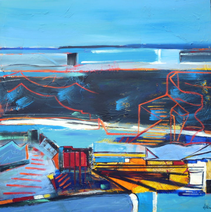 Peinture intitulée "Azur à l'horizon" par Helene Rousselot, Œuvre d'art originale, Acrylique