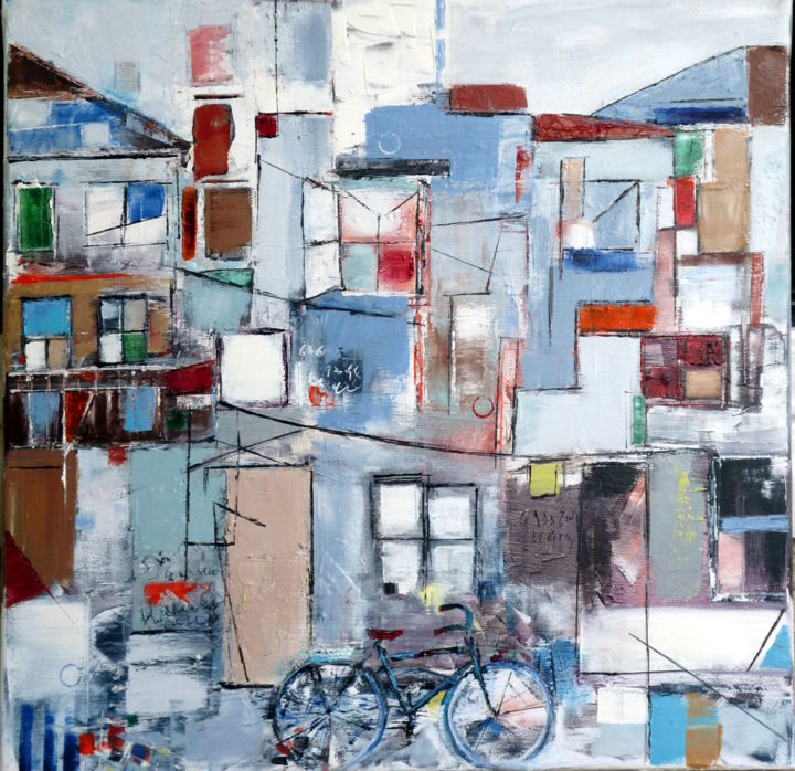 Painting titled "la-bicyclette-bleue…" by Helene Rousselot, Original Artwork