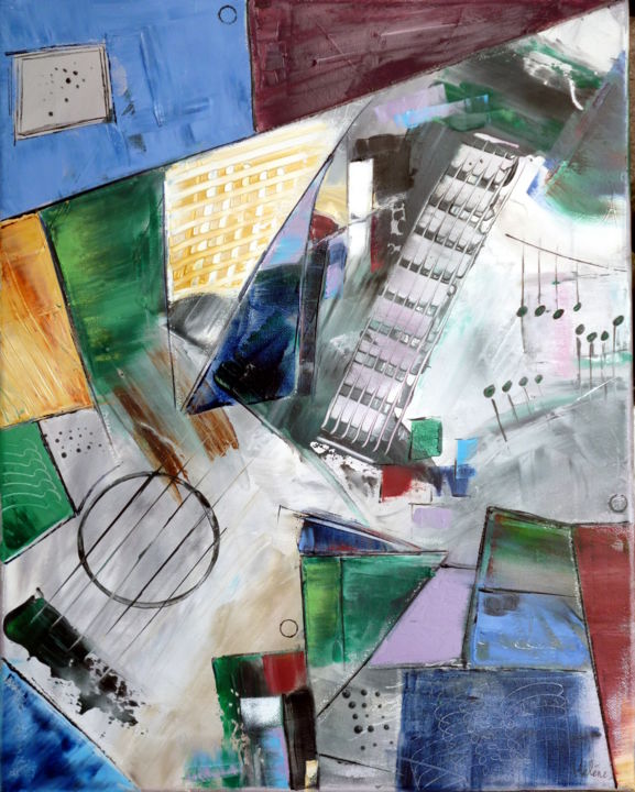 Картина под названием "guitare-a-travers-c…" - Helene Rousselot, Подлинное произведение искусства