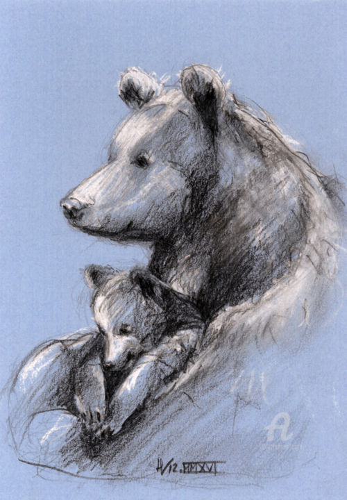Drawing titled "ours lavande" by Helene Vacheyrout, Original Artwork, Charcoal