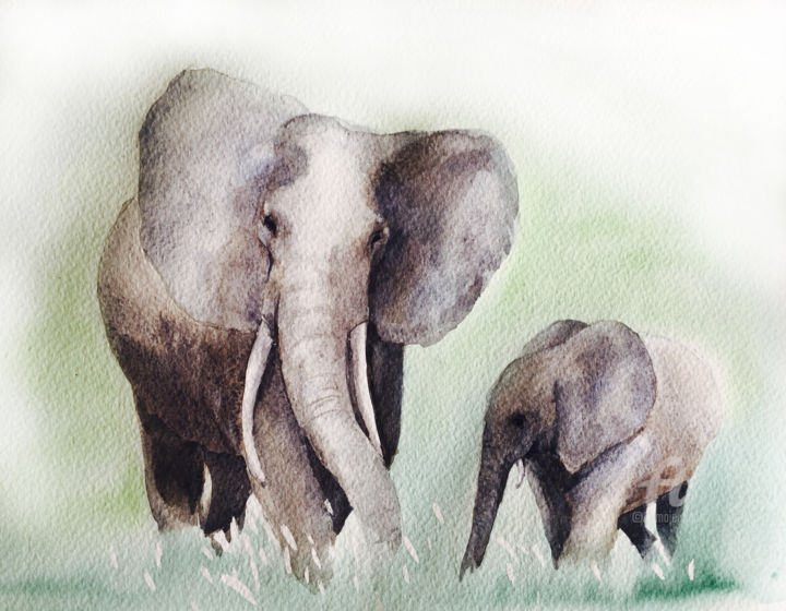 Painting titled "Elephants" by Helene Vacheyrout, Original Artwork, Watercolor