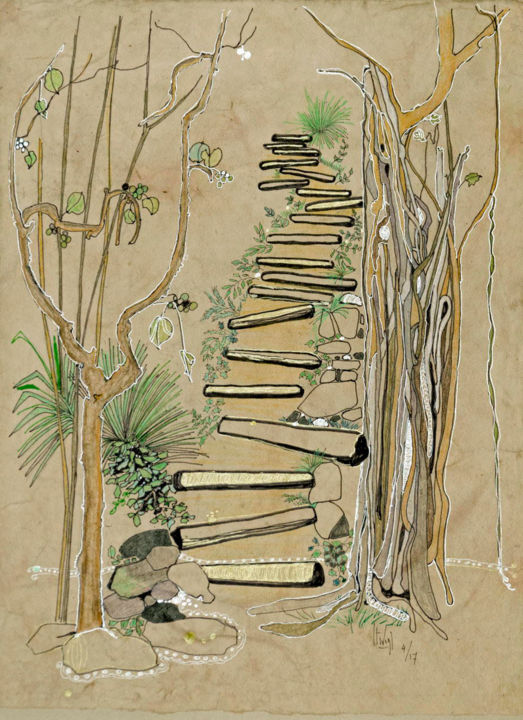 Painting titled "Le chemin de ku rin…" by Hélène Stevens, Original Artwork, Ink Mounted on Cardboard