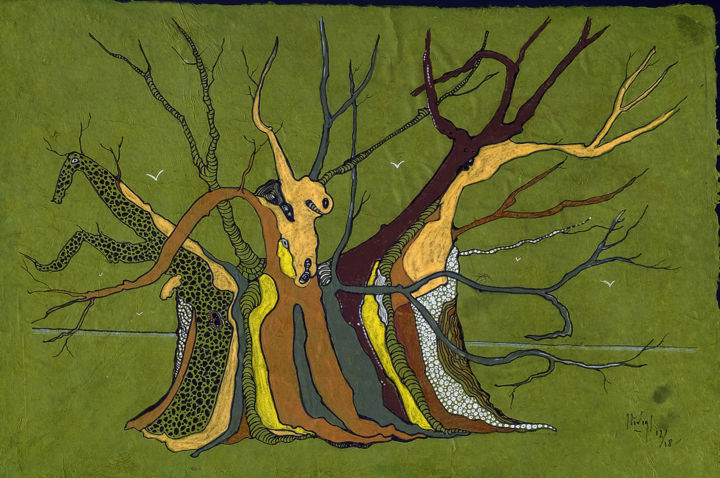 Malerei mit dem Titel "En-famille-les-arbr…" von Hélène Stevens, Original-Kunstwerk