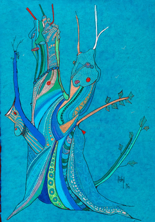 Painting titled "arbre escargot" by Hélène Stevens, Original Artwork, Ink