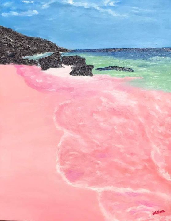 Painting titled "L’île au sable rose" by Helen Ungar, Original Artwork, Oil
