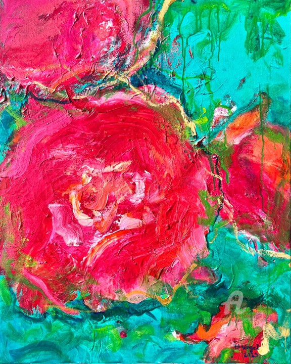 Painting titled "HARMONIE DE PIVOINES" by Helene Vogel, Original Artwork, Acrylic Mounted on Wood Panel