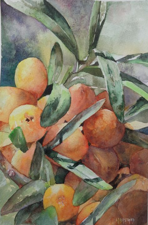 Painting titled "Mandarines -Aquarel…" by Bastard Helene, Original Artwork, Watercolor