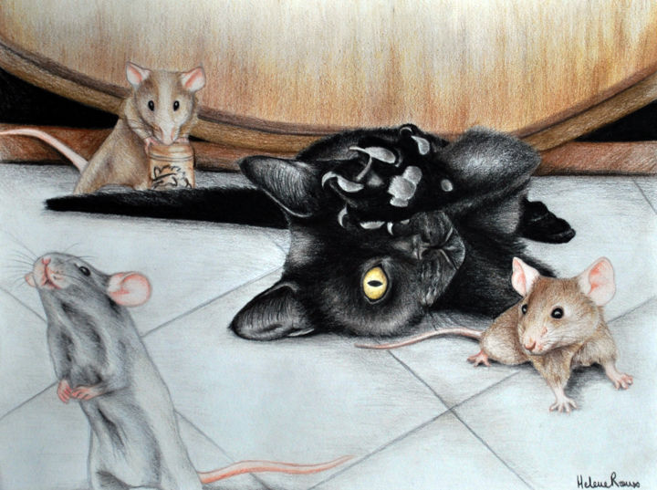Dessin intitulée "Chat débordé dans l…" par Hélène Roux, Œuvre d'art originale