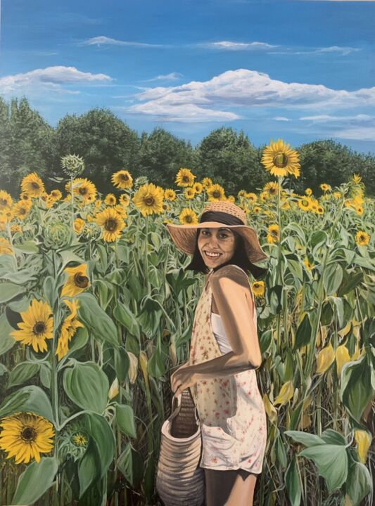 Painting titled "Sophia in Sunflowers" by Helen Mitra, Original Artwork, Acrylic